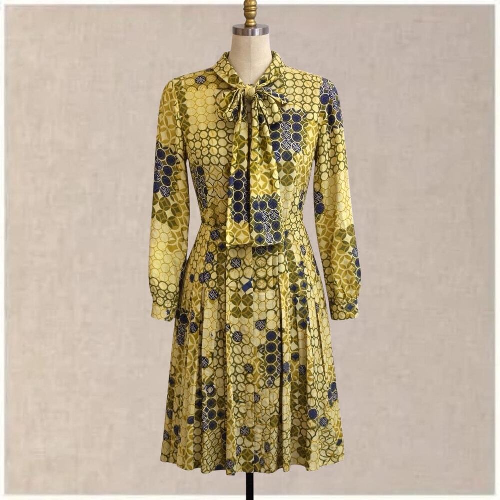 Yellow Printed Tie-Neck Midi Dress